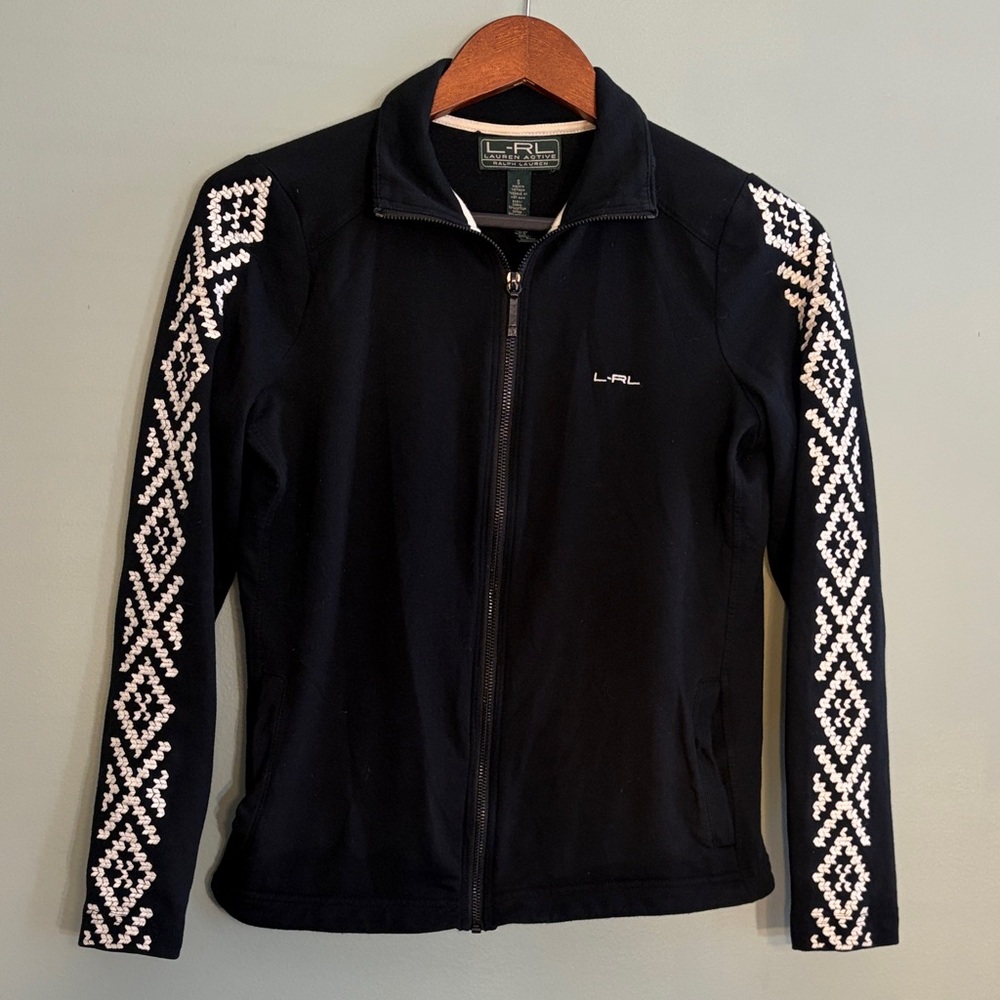L-RL Active Ralph Lauren Size Small Black Full Zip Embroidered Sleeves Sweater